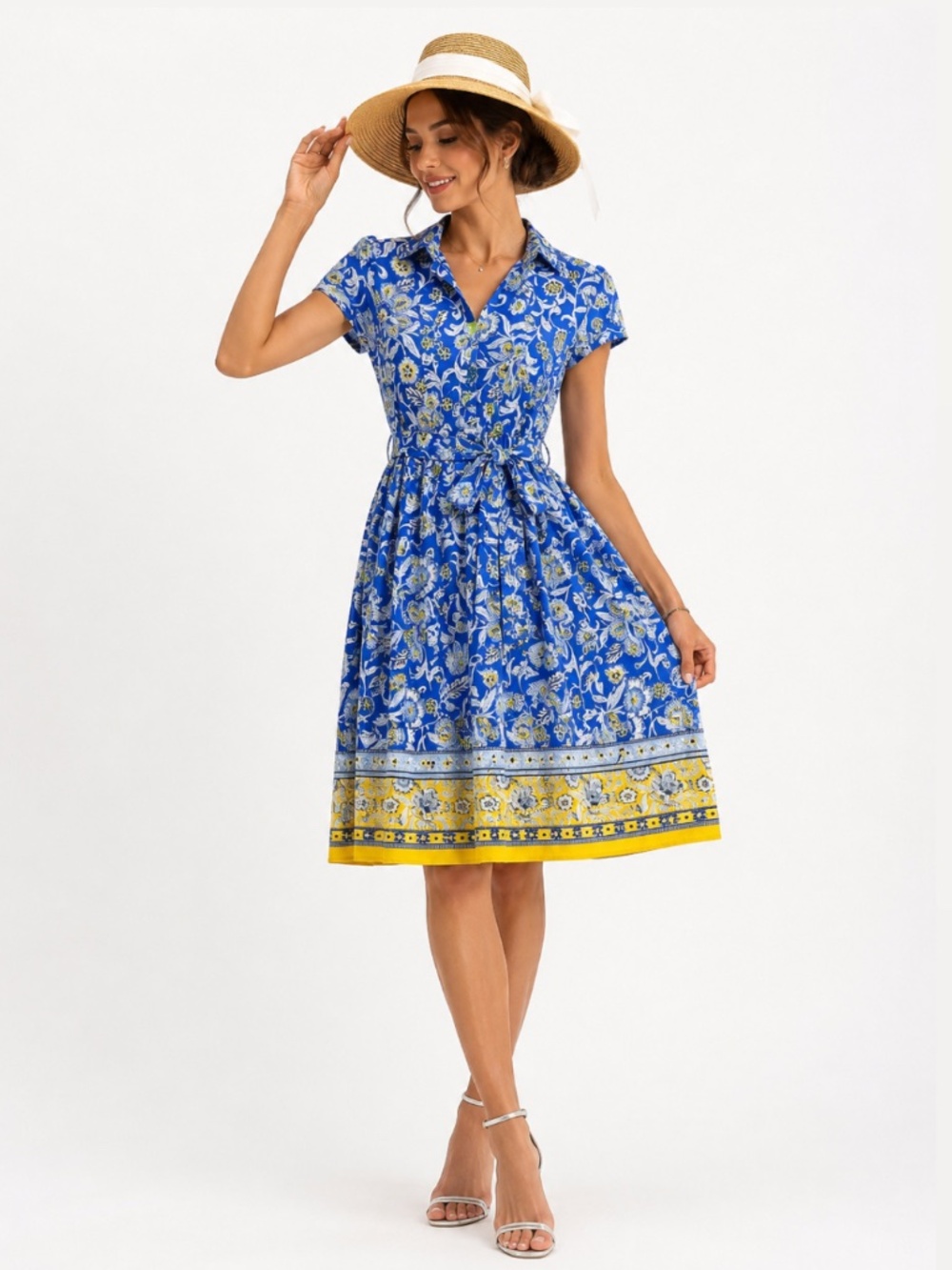 NWT Sam Edelman Blue and Yellow Floral Ruffle Hem Summer Dress
